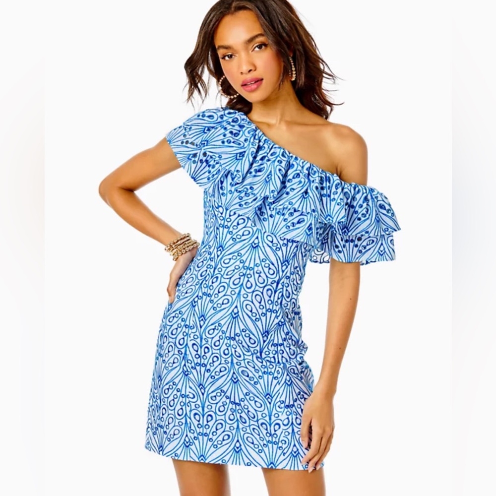 Lilly Pulitzer Sundea One-Shoulder White + Blue Shift Dress Size 10